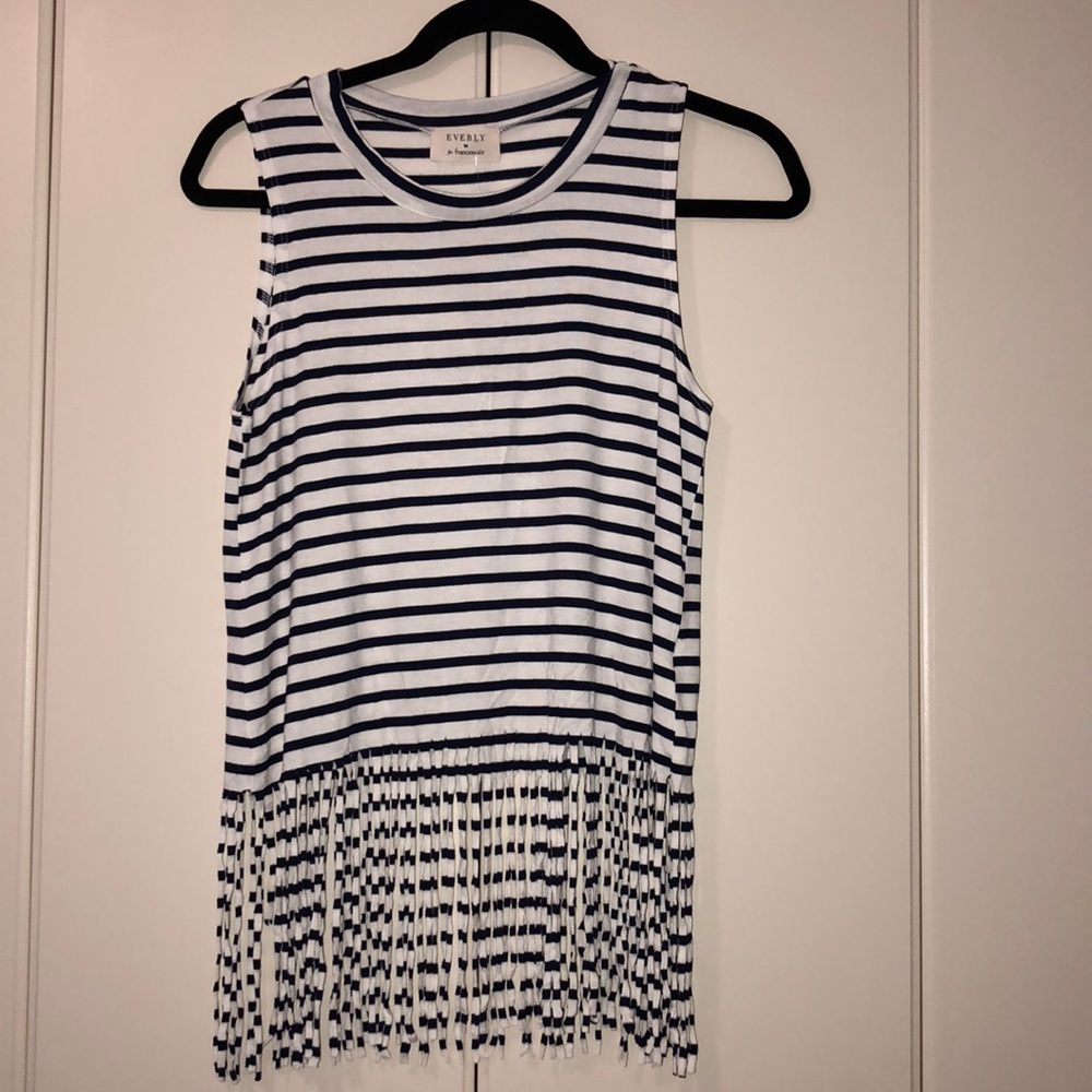 Blue and white striped fringe bottom shirt